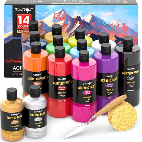 JusArt 14 Colors Acrylic Paint Set, Including Gold and Silver, 16.9oz(500ml) Large Bulk Bottles Adult Artist Paints for Rocks, Mural Walls, Crafts, Glass, Fabric, Ceramic, Canvas - color: 12 Colors+2 Metallic Colors