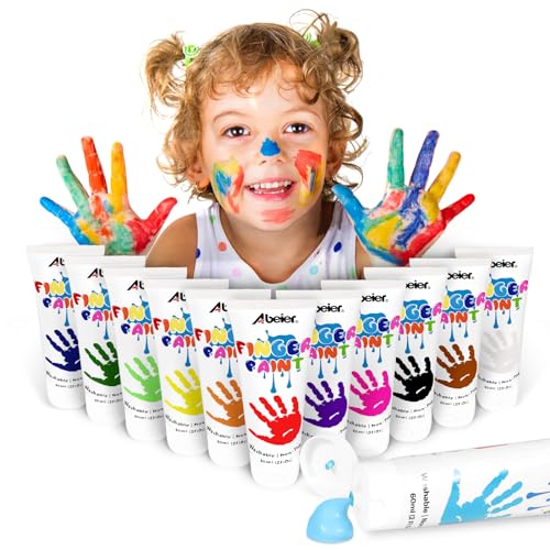 ABEIER Washable Finger Paint for Toddlers, Safe Non-Toxic, 12 x 2oz Vibrant Colors, Baby Safe Paint for Hand and Feet, Mess Free Art Supplies for Kids, Preschool Learning Gifts, Ages 1-3 4 5 6+ - style: 2 Fl Oz (Pack of 12)