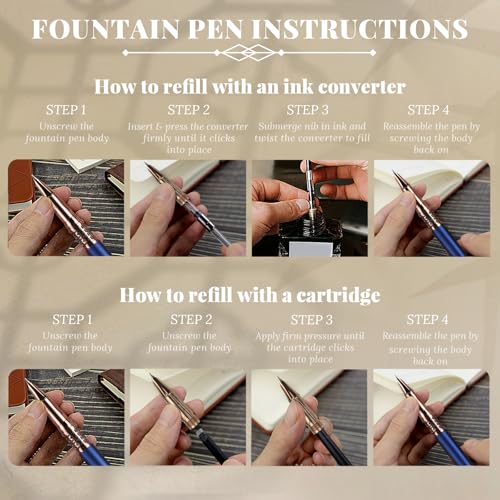 YUNCHUN Refillable Fountain Pen Fine Nib, Fancy Ink Pen with 10 Black & 10 Blue Ink Refills Cartridges, Cool Ink Pens for Writing, Business Metal, Best Gift Set for Men & Women, Blue - color: Blue, style: Fine Point