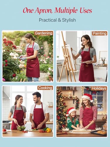 Kitchen Cooking Apron for Women Men Water-Resistant Artist Barista Baking Craft Catering Work Bib with Large Pockets - color: Red