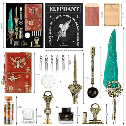 NC Quill Pen and Ink Set,with Quill Pen,Notebook,5 Replaceable Nibs,Ink,Pen Holder,Stamp,Spoon,Wax Beads, White Wax,Cup,Envelopes and Letter Paper Etc.Beautiful Gift Calligraphy Set.(Green) - color: Green