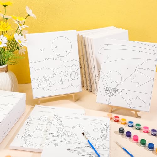 Sherr 75 Pcs 15 Set Sceneries Pre Drawn Canvas Kit for Painting Craft Sip and Paint Kit for Adults Summer Pre Printed Canvas Painting Favor for Virtual DIY Birthday Gifts Adult's Date Party - style: Sceneries