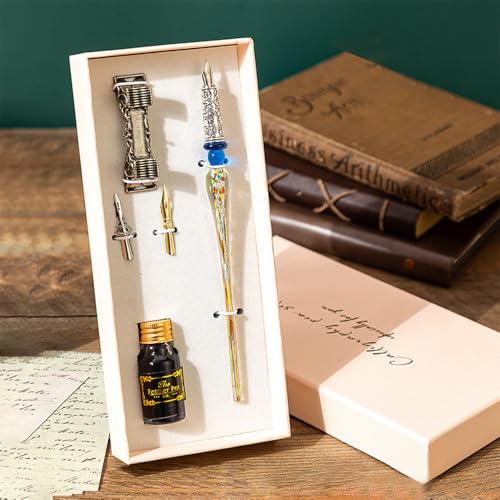 HUIOP Quill Pen,Retro Glass Dip Ink Pen Set Vintage Quill Pen Calligraphy Crystal Writing Signature Ink Dipped Pen with 2 Nibs & Pen Holder in Gift Box for Handwriting Student Friends Lovers