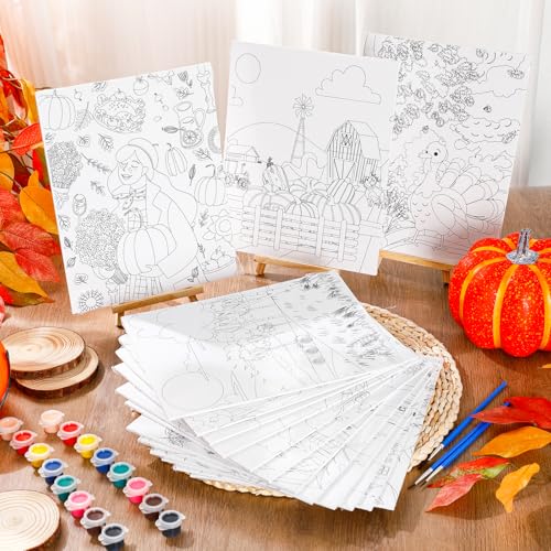 Sherr 75 Pcs Thanksgiving Pre Drawn Painting Canvas Kit for Adults 8 x 10 Inch 15 Set Autumn Pre Painted Canvas Sip and Paint Party Favors Set for Adults Fall Paint Party(Harvest Style) - style: Harvest Style