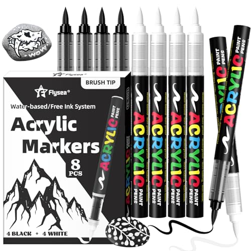 Paint Pens Acrylic Markers - 4 Black & 4 White Brush Tip Water Based Marker Pens for Rock Painting, Wood, Ceramic, Glass, Acrylic Paint Markers for Egg Pumpkin - color: Black & White, size: 8 Pcs