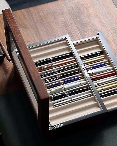 Pen Display Case with 24 Slots - Fountain Pen Storage Organizer with Glass Window (Brown Ash Veneer Finish, Creamy-White Velvet) - color: brown 24 slots, white velvet