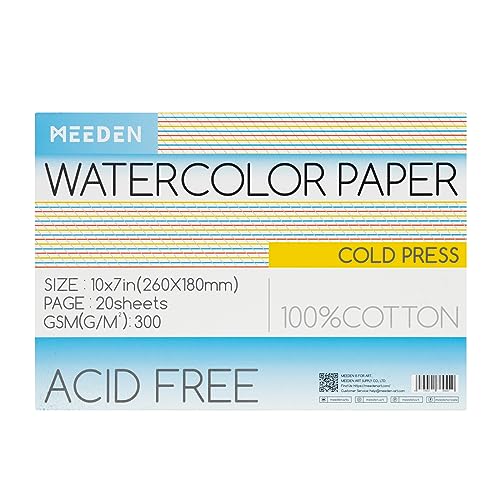 MEEDEN Watercolor Paper Block, 100% Cotton Watercolor Paper Pad of 20 Sheets, 140lb/300gsm, Acid-Free Art Paper for Watercolor, Gouache, Ink and More, 10" x 7" Cold Press - color: Cold Press, size: 10×7"