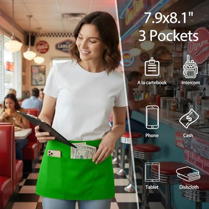 BOHARERS Waist Apron with 3 Pockets 3 Pack - Green Waitress Server Short Apron - color: D-3 Pack Green