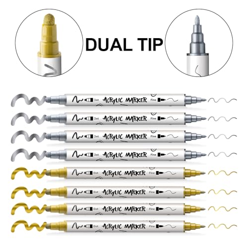TRANSON 4 Silver and 4 Gold Paint Markers Bold and Fine Dual-tip Acrylic Paint Marker Set for Rock Painting Glass Canvas Wood Leather Ceramic Painting - style: Bold and Fine 4 Gold and 4 Silver