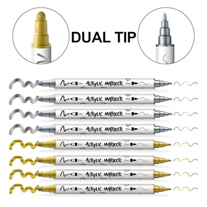 TRANSON 4 Silver and 4 Gold Paint Markers Bold and Fine Dual-tip Acrylic Paint Marker Set for Rock Painting Glass Canvas Wood Leather Ceramic Painting - style: Bold and Fine 4 Gold and 4 Silver