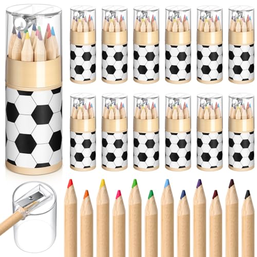 12 Set Soccer Mini Drawing Colored Pencils Gift Bulk with Sharpener 3.5" Small 12 Colors Travel Colored Portable Pencil for Adults Art Painting - style: Soccer
