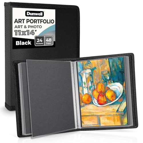 Dunwell 11x14 Art Portfolio Binder with Plastic Sleeves w/Mounting Paper Large Portfolio Folder for Artwork Storage, 24 Sleeves Displays 48 Pages, Presentation Binders Book, Acid-Free Poly - color: Black, size: 11x14" w/ BLK Paper