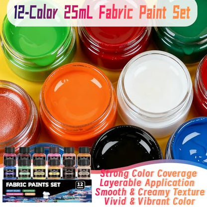 Fabric Paint Set, Pearlescent 12 Vibrant Colors Permanent Textile Paint (25ml/0.88oz) with Brushes & Stencils, Non-Toxic Fabric Paint for T-Shirts, Bags & DIY Art Projects - color: 12