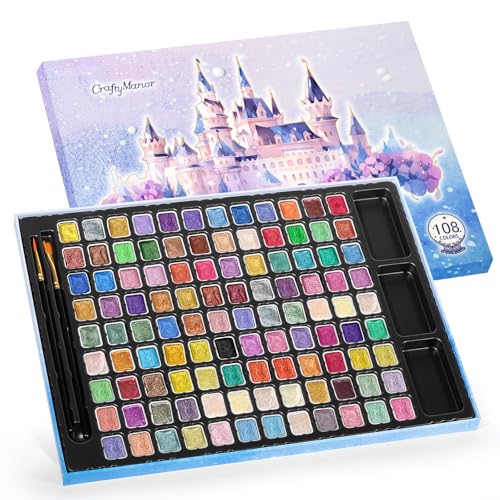 CraftyManor Mini Glitter Watercolor Paint Set with Paper, 108 Colors Shimmer Metallic Watercolour Painting Sets, Solid Pearl Water Color Paints, 1ml Trial Package(1ml 108 Colors) - color: Upgraded 108 Colors-1ML