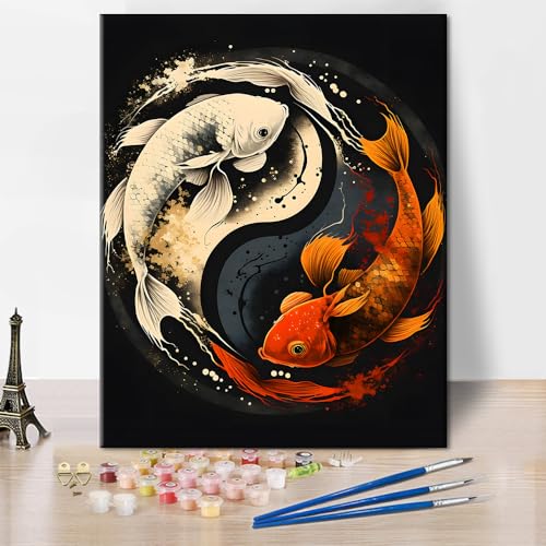 TUMOVO Paint by Numbers for Adults Beginner, Yin Yang Symbol with Koi Fish Paint by Numbers Kid Paint by Number Kits DIY Acrylic Painting Kits Paint by Numbers for Kids Beginner, 16 x20 Inch - color: Koi Fish