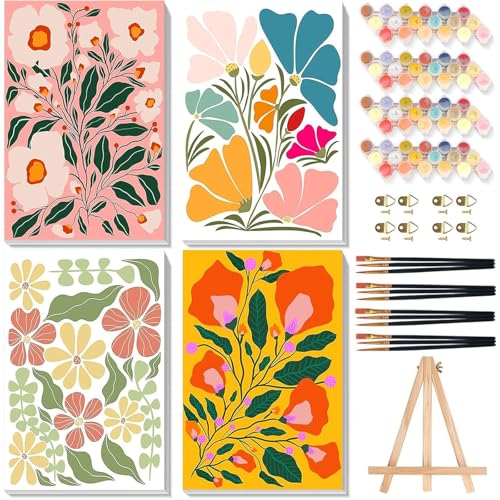 4 Pack Paint by Numbers for Adults with Framed Canvas - with Wooden Easel, Easy Flower Paint by Number for Beginners, Flowers Acrylic Oil Painting on Canvas with Brushes for Home Wall Decor 8x12 inch - color: BKH2183+BKH2184+BKH2185+BKH2186
