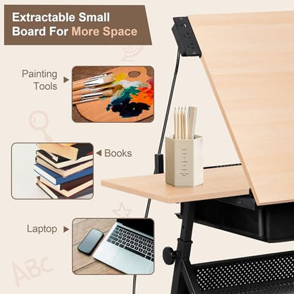 ZENY Adjustable Drafting Table with Stool, Tilting Drawing Desk Artist Table with Storage Drawers, Art Craft Workstation for Home Office Reading, Writing, Crafting (Brown-with Outlet) - color: Brown-with Outlet