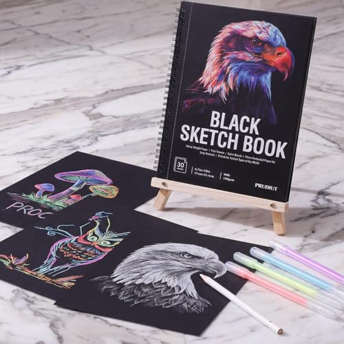 30 Sheets Black Paper Sketchbook with 12 Color Gel Pen Set, 98lb/160gsm Heavyweight Black Sketch Pad 6.7×10in, Acid-Free Drawing Paper, Spiral Bound Sketch Book for Teens, Artist - size: 6.7×10in Set