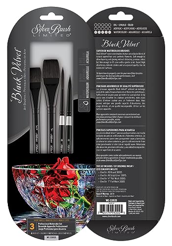 Silver Brush Limited WC-3202S Black Velvet Watercolor Brush Set, Set of 4 Brushes, Square Wash Brushes Sized 3/4 Inch and 1 Inch, Script Liner Brush Size 8, and Round Brush Size 8 - color: Professional Watercolor Set, size: 4 Pc
