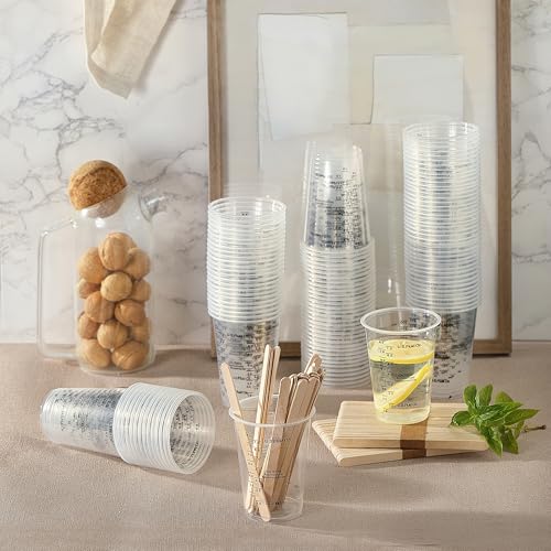 120pcs 8oz Graduated Clear Plastic Resin Epoxy Paint Measuring Cups with 120pcs Wooden Stirring Sticks for Mixing Paint, Pigments, Epoxy Resins, Resins