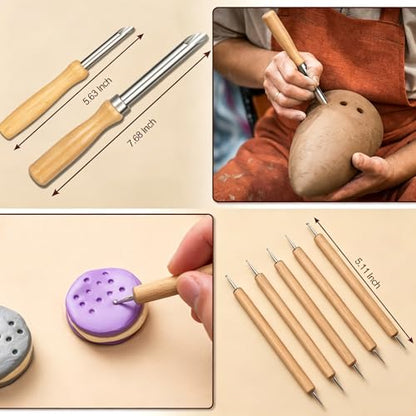 Amrules Pottery Tools, 38 PCS Polymer Clay Sculpting Tools Set, Ceramic Kit for Beginner, Adults, Pottery Craft, Carving, Drawing, Molding, Modeling, Shaping - color: Lightyellow-38Pcs