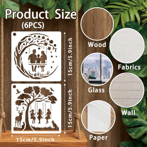 6 Sheets Tree Swing Stencils for Painting, 6 Styles Family Friends Swinging Under The Tree Wall Stencil Template Flower Tree Branch Stencils for Painting on Wall Wood Home Decor - style: Swing under the Tree