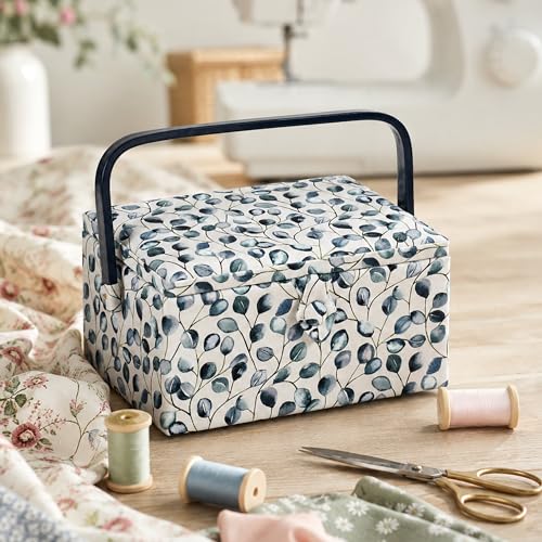 Hobby Gift Medium Sewing Box Organiser, Fabric Covered Storage Box with Handle, Internal Tray, Pin Cushion and Pocket for Sewing, Quilting and Knitting Supplies - color: Botanical