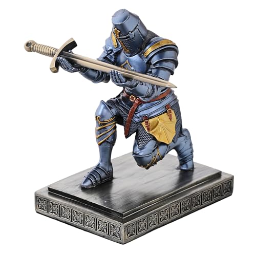 Templar Vanguard Soldier Pen Holder Desk Organizers Crafts as Gifts Blue | Very Solid and Sturdy Pencil Stand Paperweight Desktop Decoration with a Fancy Sword for Medieval Warrior Enthusiast - color: Blue