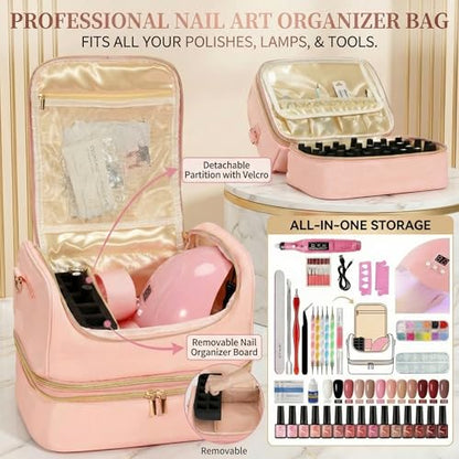 Nail Polish Organizer Case Holds 45 Bottles & Nail Lamp, Large Capacity Nail Tech Bag, Portable Nail Supplies Storage for Travel, Manicurist & Nail Artist Gift