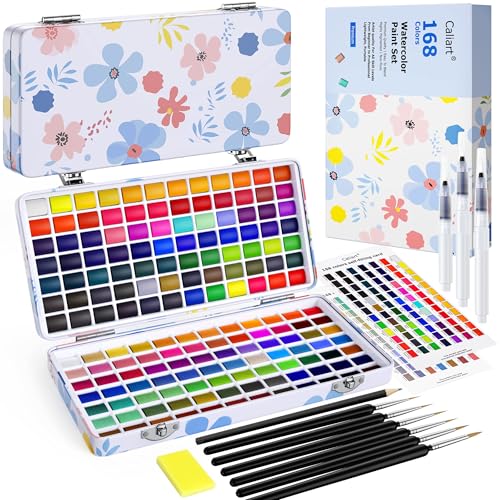 Caliart 168 Colors Watercolor Paint Set, Portable Art Supplies Palette Kit | Water Color Paints with Detail Paintbrush, Art Coloring Painting Gifts for Adults Professionals Beginners Artists - size: 1 Count (Pack of 168)