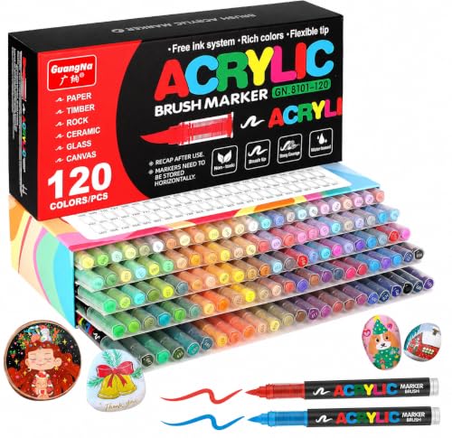 Amamao 120 Colors Acrylic Paint Markers, Soft Brush Tip Pens and Markers, Acrylic Paint Pens for Wood, Stone, Canvas, Glass, Fabric, Egg, Rock Painting and DIY Crafts Art Supplies - style: 120 BOX