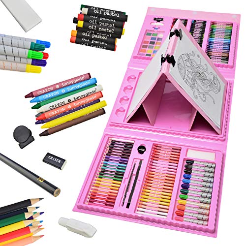 Sunnyglade 185 Pieces Double Sided Trifold Easel Art Set, Drawing Art Box with Oil Pastels, Crayons, Colored Pencils, Markers, Paint Brush, Watercolor Cakes, Sketch Pad (Pink) - color: Pink
