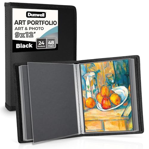 Dunwell 9x12 Art Portfolio Binder, Black Mounting Paper, Portfolio Binder for Artwork, 9 x 12 Art Folder, 24 Pockets Display 48 Pages, Acid-Free Poly Presentation Book - color: Black, size: 9x12" w/ BLK Paper