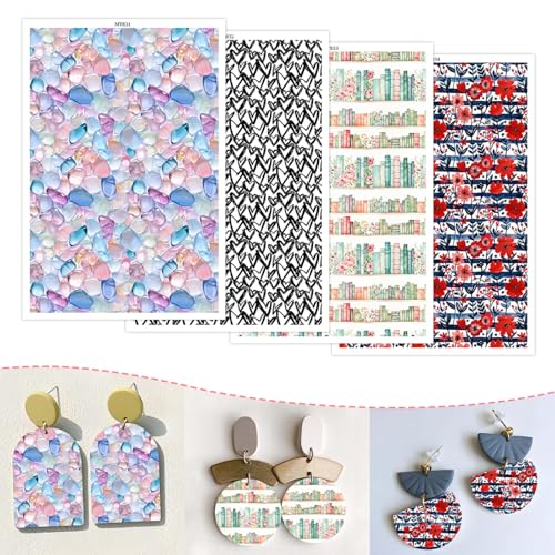 Polymer Clay Transfer Paper, 20 Pcs 4 Design Floral Hearts Bookshelf Pattern Shape Water Soluble Transfer Sheet for Polymer Clay Earrings Jewelry Making Disposable Stickers DIY Crafts 5.82X3.93 in - color: 4 Pattern Sets