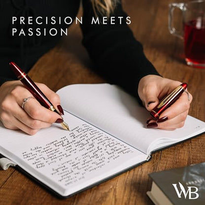 Wordsworth & Black Majesti Fountain Pen-(Red), Luxury Case, 24K Gold Finish; 18K Gilded Medium Nib- Ink Cartridges, Refillable Ink Converter-Calligraphy Pen-Best Business Gift Set for Men & Women | Red, Gift for Men Women, Gold Finish, 18K German Iridium,