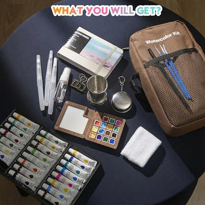Mini Watercolor Paint Set, Premium Pocket Watercolor Travel Kit, With 24 Watercolor Paints, 15-Grid Black Walnut Palette, Crossbody Bag, Oil Painting Paper Sketchbook, Ideal for art lovers