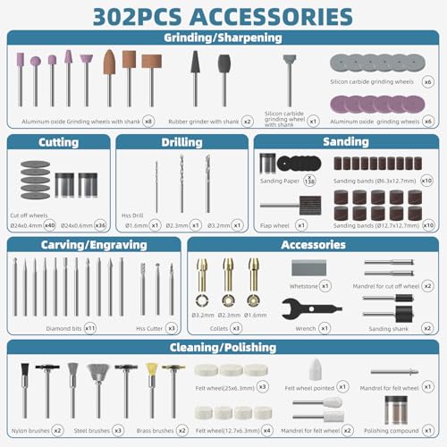 302PCS Rotary Tool Accessories Kit, 1/8-Inch Diameter Shanks Universal Fitment, Rotary Tool Bits for Cutting, Sanding, Grinding, Carving, Polishing, Drilling and Engraving