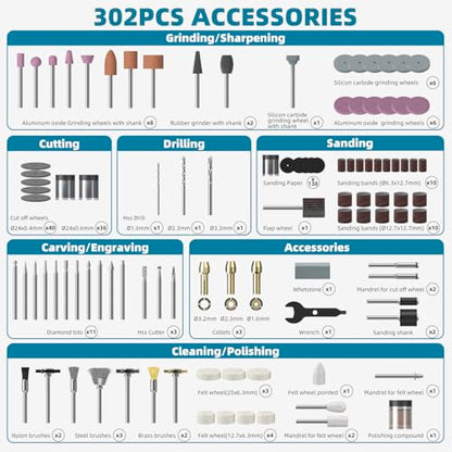302PCS Rotary Tool Accessories Kit, 1/8-Inch Diameter Shanks Universal Fitment, Rotary Tool Bits for Cutting, Sanding, Grinding, Carving, Polishing, Drilling and Engraving