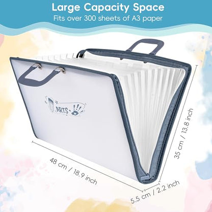 11x17 Accordion File Organizer with 13 Pockets, Art Portfolio with Handle & Zipper Closure, Oxford-Trimmed Frosted Translucent Style (1-Pack)
