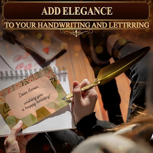 Antique Writing Quill and Ink Set – Stainless Steel Dip Pen Feather Quill Pen and Ink Set with 5 Spare Nibs, Anti-Slip Patterned Grip, Gift-Ready Box with Display Stand – Calligraphy Gift Set (Golden) - color: Gold