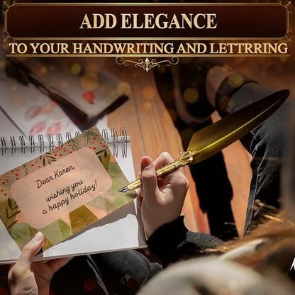Antique Writing Quill and Ink Set – Stainless Steel Dip Pen Feather Quill Pen and Ink Set with 5 Spare Nibs, Anti-Slip Patterned Grip, Gift-Ready Box with Display Stand – Calligraphy Gift Set (Golden) - color: Gold
