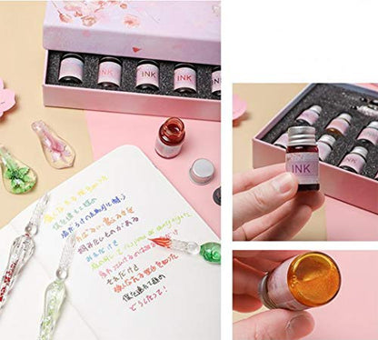XIAOYU Glass Dip Pen Ink Set, 16 Pieces Calligraphy Pens Set - 12 Colorful Inks, Pen Holder, Cleaning Cup, 2 Crystal Glass Pens for Writing, Signature - Dark Blue - color: Dark Blue