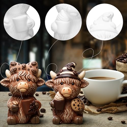 Poen 2 Set Coffee Highland Cow Ready to Paint Your Own Statue Sweet Coffee Lover Gift 4" Mini Paintable Ceramics Blank Cow Figurine Brush Palette Paint for Craft DIY Home Decor Adult Mother's Day - style: Coffee Highland Cow