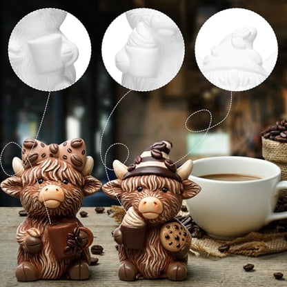 Poen 2 Set Coffee Highland Cow Ready to Paint Your Own Statue Sweet Coffee Lover Gift 4" Mini Paintable Ceramics Blank Cow Figurine Brush Palette Paint for Craft DIY Home Decor Adult Mother's Day - style: Coffee Highland Cow