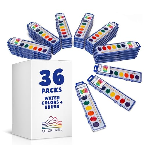 Color Swell Bulk Watercolors Paint Pack with Wood Brushes - 36 Sets with 8 Washable Colors Each - Perfect for Kids, Classrooms, Parties, Students, Donations, Party Favors, All Ages