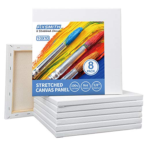 FIXSMITH Stretched White Blank Canvas - 10 x10 Inch, Bulk Pack of 8, Primed, 100% Cotton, 5/8 Inch Profile of Super Value Pack for Acrylics,Oils & Other Painting Media. - size: 10"x10"