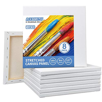 FIXSMITH Stretched White Blank Canvas - 10 x10 Inch, Bulk Pack of 8, Primed, 100% Cotton, 5/8 Inch Profile of Super Value Pack for Acrylics,Oils & Other Painting Media. - size: 10"x10"