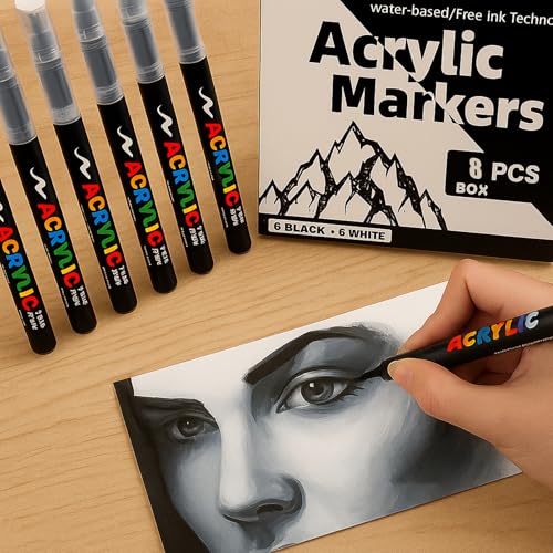 8 white Acrylic pen,1.0-6.0mm permanent marker | Suitable for art projects, painting, rock painting, ceramics, glass, wood, plastic, metal, canvas DIY crafts. - color: White