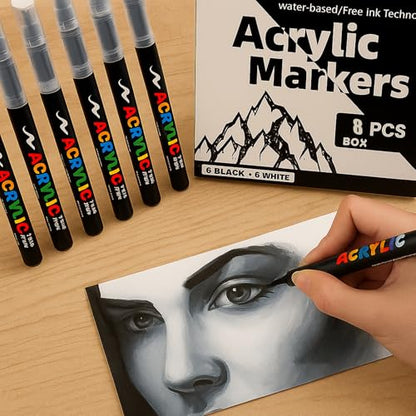 8 white Acrylic pen,1.0-6.0mm permanent marker | Suitable for art projects, painting, rock painting, ceramics, glass, wood, plastic, metal, canvas DIY crafts. - color: White