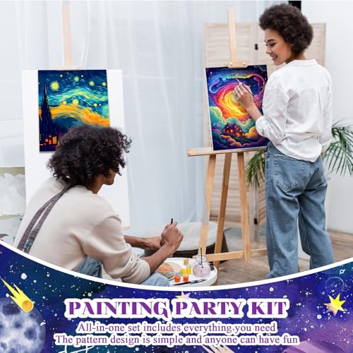 Humyoun 8 Sets 8" x 10" Starry Sky Pre Drawn Canvas to Paint for Sip and Paint Party Starry Sky Predrawn Coloring Set Pre Sketched Canvas Boards with Paints and Brushes for Adult - style: Starry Sky